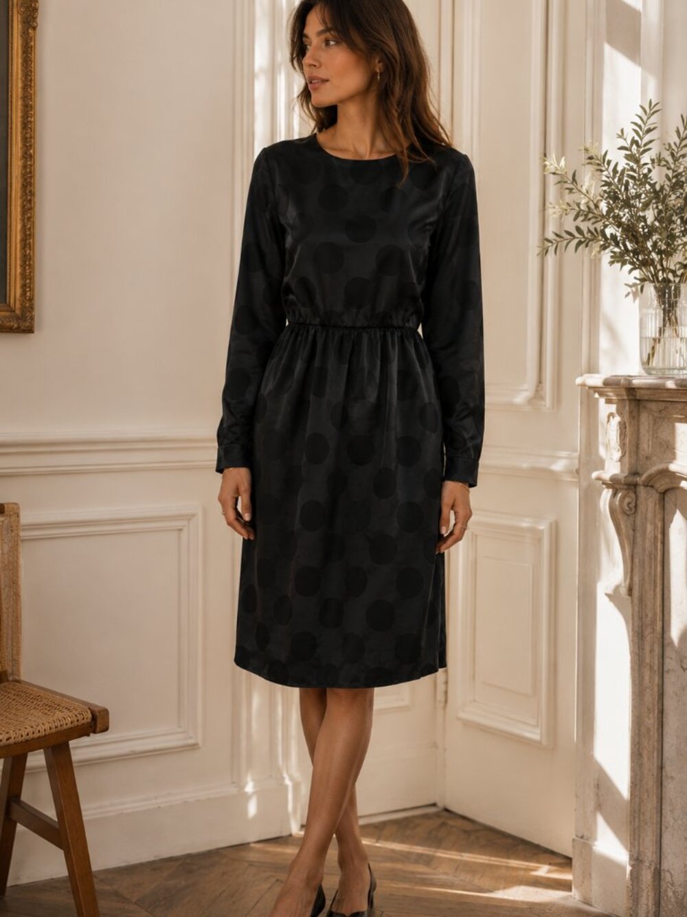 Liz Claiborne Dress Womens 10 Black Satin Polka Dot Long Sleeve Midi 90s Vintage